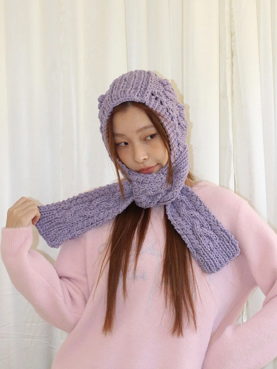 レトロニット刺繍フード付きスカーフハット：韓国風カジュアルスタイルの実用性と使い分け
