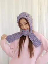 レトロニット刺繍フード付きスカーフハット【韓国風・カジュアルスタイル】
