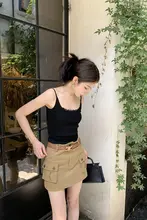YUZUQI カーキ色 アメリカンレトロデザイン ハイウエスト スカート【ポケット付き・タイトシルエット・Aライン】