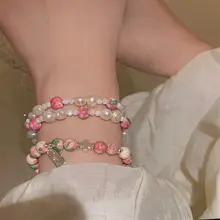 天然淡水珍珠ピンクビーズブレスレット【女性用・軽やか・多様に重ね付け可能】