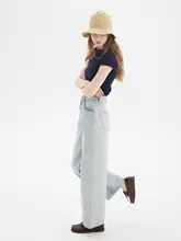QINGLING 洗い加工ハイウエストストレートデニムパンツ【薄い白青・快適・アメリカンスタイル】