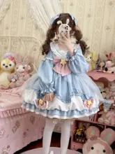 ロリィタ風のネイビーボーダー長袖花苞ワンピース【秋冬用】