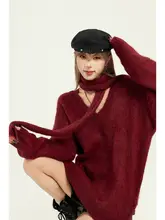 赤いVネックラビットファーセーター【秋冬用・ゆったりシルエット・レトロスタイル】