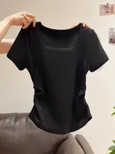 女性用アーチヘムウエスト絞り短袖Tシャツ【夏用・フレンチスタイル・スクエアネック】