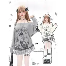 カジュアルなオフショルダー ニットトップス【秋用・カートゥーンプリント・デザイン入り】