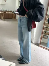 SpenPack 全棉 美式クラシックアイスブルー水洗いストレートレッグ中腰デニムパンツ