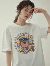 AMUU クマプリント丸首ルーズフィットTシャツ【レディース・夏用・カジュアル】