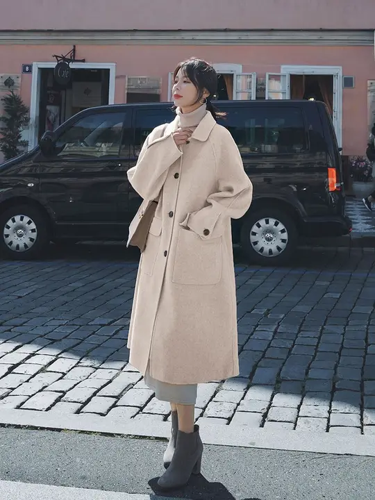 杏色の両面キャッシュウールコート【中丈・女性用・高級感あるウール製】