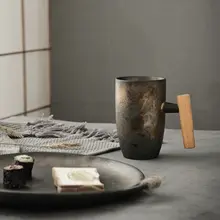 手作り 陶器 コーヒーカップ【和風・大容量・木製ハンドル・オフィス用】