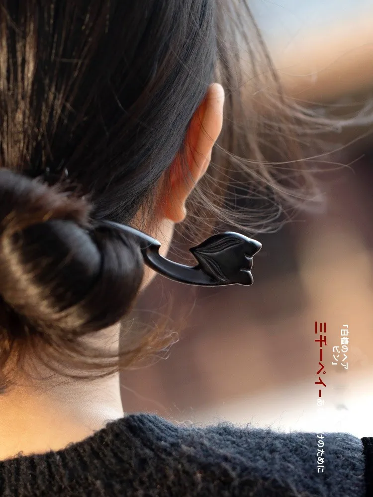 黒檀製狐デザインヘアピン：古風なビジネスシーンに最適な高級発簪