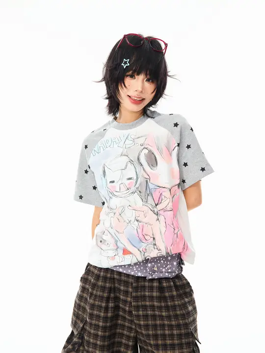 アメリカンレトロカートゥーンスタイル 星柄ラグラン袖Tシャツ【夏用・ゆったり・短め】