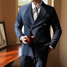 男士カジュアルダブルブレストジャケット【テーラードカラー・ネイビー・結婚式にも対応】（セットアップ対応）