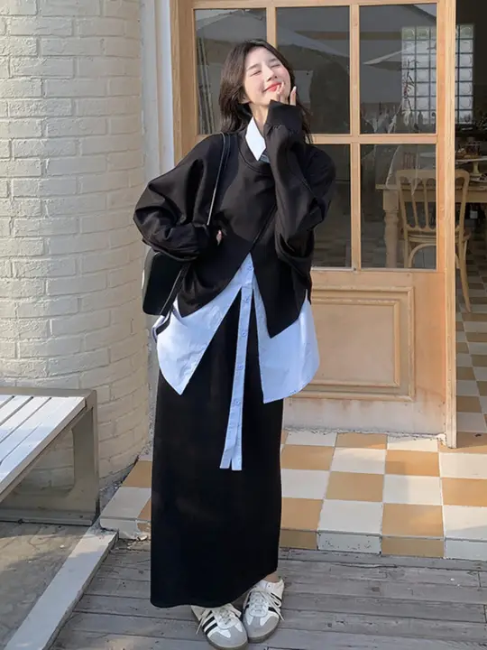 黒色デザインのカジュアルタイトスカート【春用・不規則な外付けシャツ・ハーフスカート】【セットアップ対応】