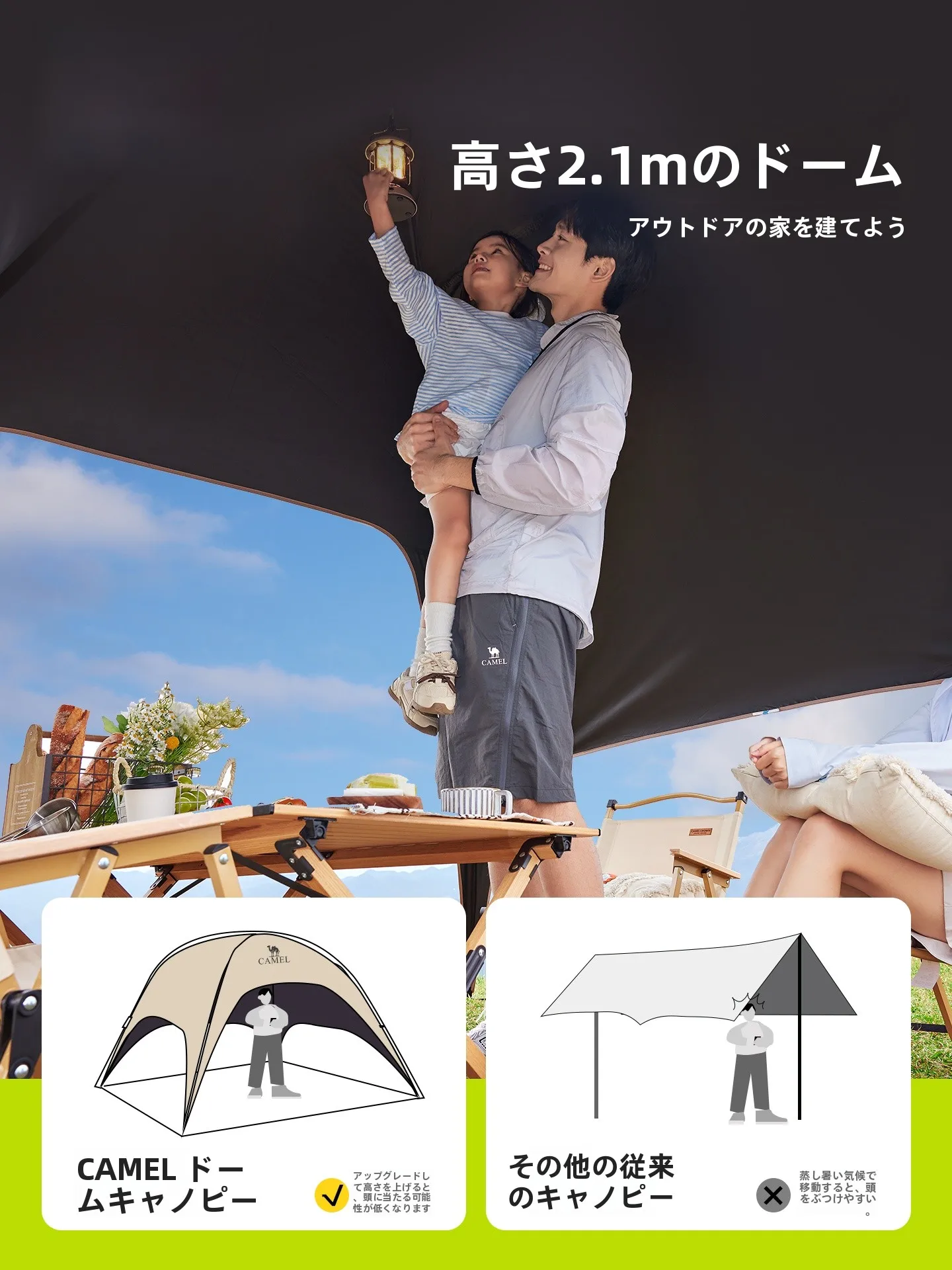 キャンプ2人用ドーム型テント：簡易開閉・日よけ機能で快適な露营空間を実現
