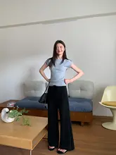抽绳付きストレートカジュアルパンツ【高腰・スタイルアップ・ブラック】（セットアップ対応）