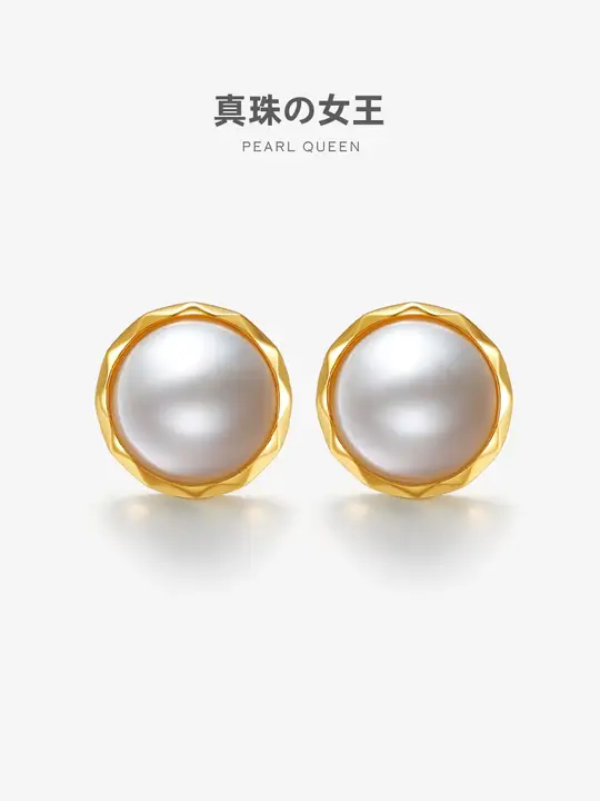 白色海水マベパールの半円ピアス【復古風デザイン】