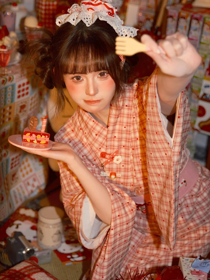 粉色チェック フェルトハート 二部式和服【旅撮影・コスプレ・日本風ワンピース】（セットアップ対応）