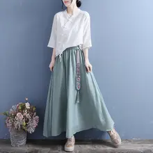 刺繍入りリボンデザインの綿麻半身スカート【春夏用・民族風・ロングスカート】