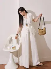 大きいサイズ レディースフレンチスタイル Vネックツイストブラウス【スリム・ドレープワイドパンツ】（セットアップ対応）