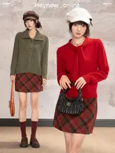 レッドチェックAラインミニスカート【冬用・小柄対応・クリスマスシーズン・すっきりしたシルエット】