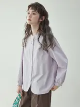 北島AMUU オリジナル 淡紫色ラウンドネックボタン長袖ブラウス【春用・フィット】
