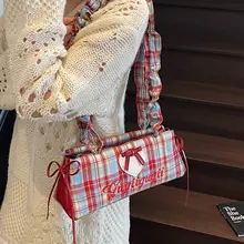 リボンチェック柄の小型ショルダーバッグ【夏用・高級感・褶みデザイン】