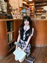 粉色チェック柄の女子制服風トップスとプリーツスカート【夏用・学院スタイル】（セットアップ対応）