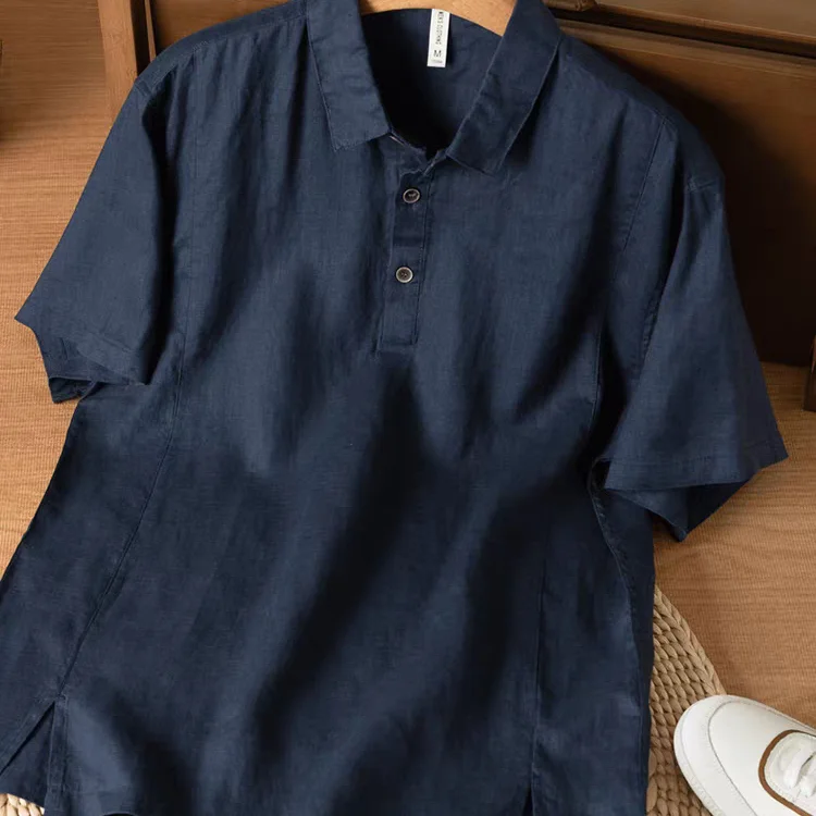 リネン製 POLOカラー 半袖Tシャツ  【メンズ・通気性・軽量・シンプルデザイン】