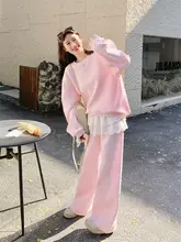 粉色の優しいレース裾のブラウスとワイドパンツ【春秋用・韓国スタイル】（セットアップ対応）