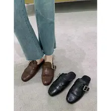 流行のフリンジ付きブロックデザインミュールシューズ【牛革・レトロスタイル・スリッポン】