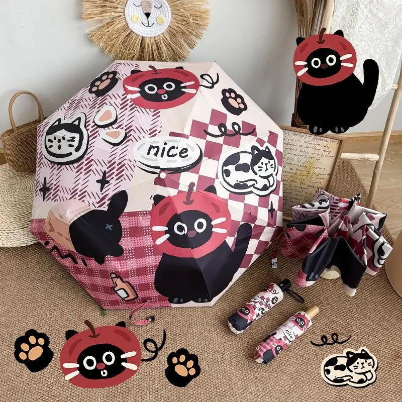 レトロなかわいい黒猫の自動開閉日傘【UVカット・折りたたみ・学生用】
