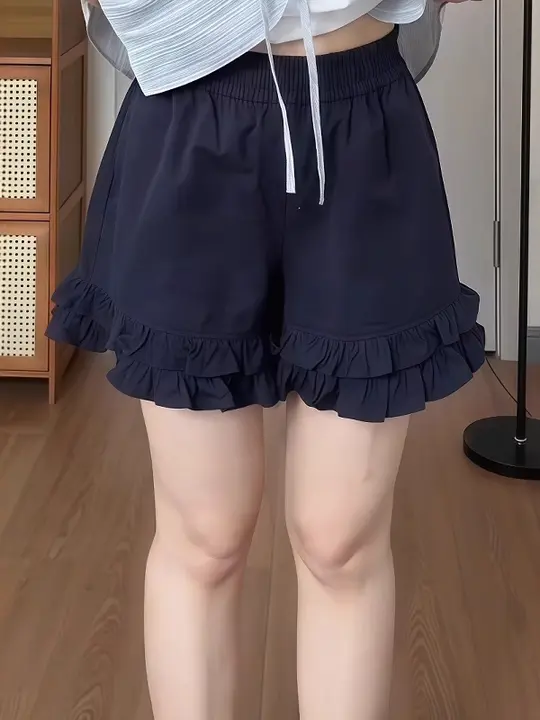 大きいサイズのワイドレッグショートパンツ【高腰・フリルデザイン・フィット】