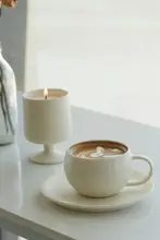 WENSHUO 陶製コーヒーカップとソーサーセット【クリーム色・シンプルデザイン・オフィス用】