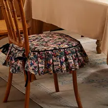 ヴィンテージ風 フリル付き椅子用クッション【コットンリネン・洗濯可能・加厚タイプ】
