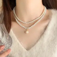 二重層の立体デザイン！スクエアパールペンダントネックレス【女性用・セーターにぴったり・鎖骨ネックレス】