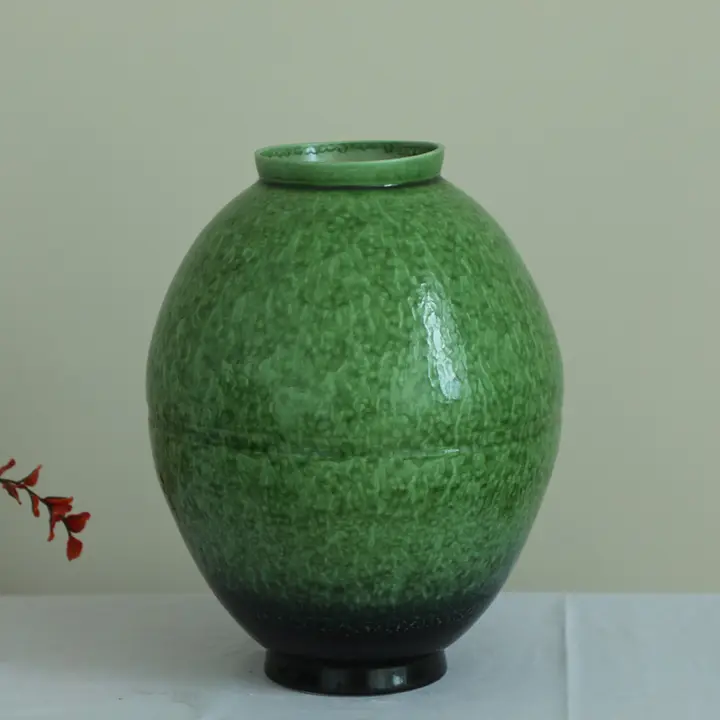 翡翠グリーンの粗陶花瓶【リビング用・レトロデザイン・インテリア装飾】