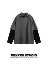 デザイン感溢れるジップ付き長袖Tシャツ【ユニセックス・秋用・ゆったりフィット・カップル対応】（セットアップ対応）