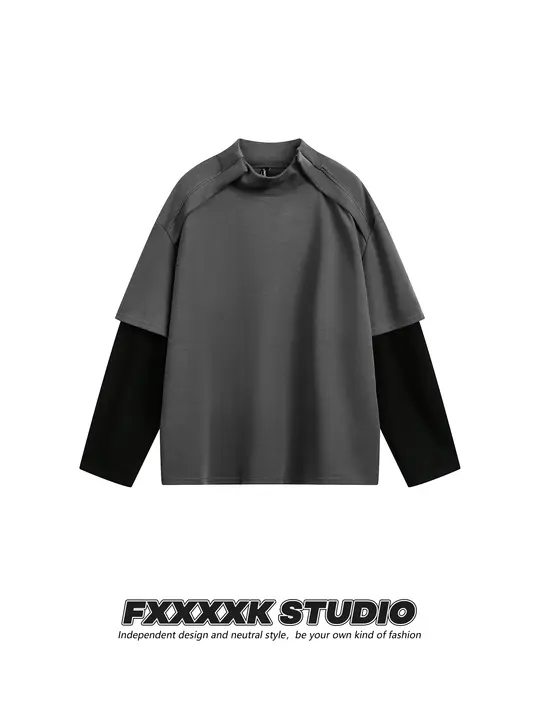 デザイン感溢れるジップ付き長袖Tシャツ【ユニセックス・秋用・ゆったりフィット・カップル対応】（セットアップ対応）