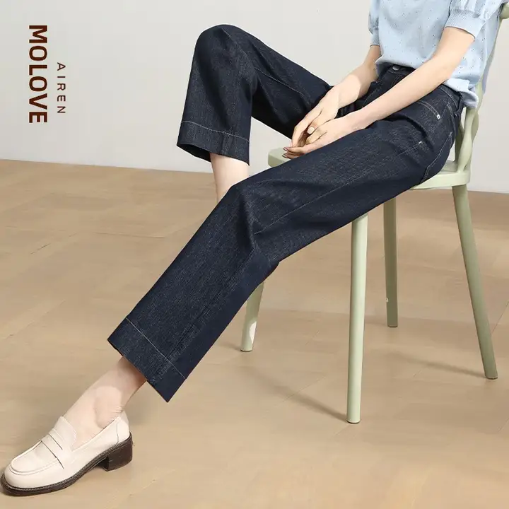 デニムブルーのスリムストレートパンツ【女性用・色あせにくい・九分丈・小柄向け】（セットアップ対応）