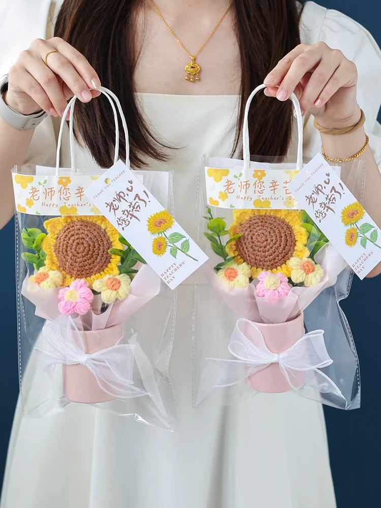 手作りかぎ針編みひまわりの小花バケツ：保育園や小学校卒業祝いに最適な実用的創意ギフト