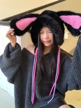 大耳ウサギの毛糸帽子【秋冬用・ブラック・かわいい・防寒・保温】
