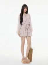 フレンチスタイル 夏用ピンクフラワー柄シフォンワンピース【ウエストシェイプ・ショート丈】
