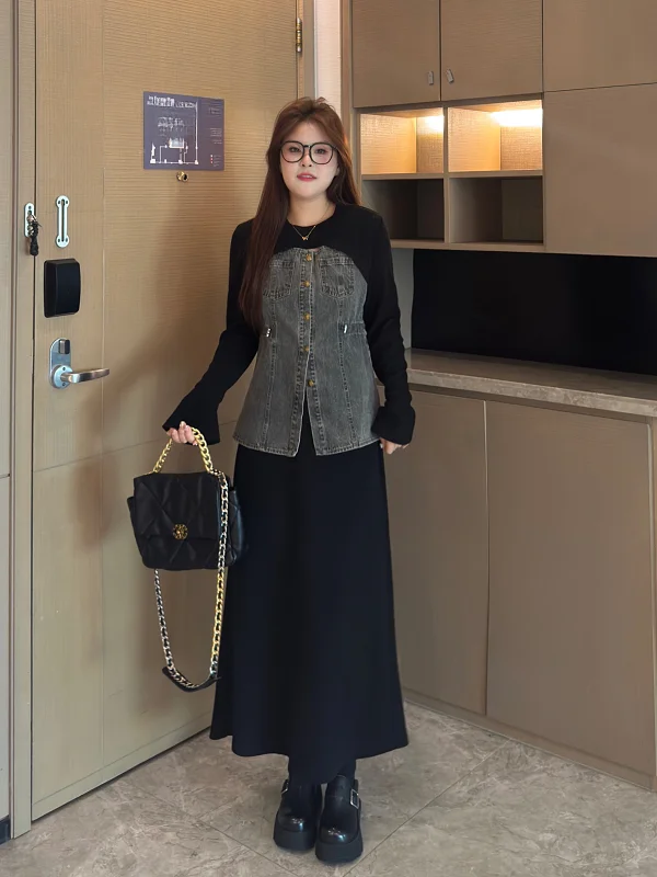 南国風デザインの大きいサイズ女性用デニムトップス【春秋用・ゆったりフィット・スリム効果】とハイウエストカジュアルパンツ（セットアップ対応）