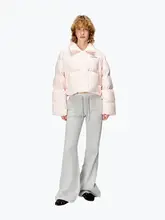 グレー微フレアデザイン休闲パンツ【女性用・フルレングス・幅広シルエット】（セットアップ対応）