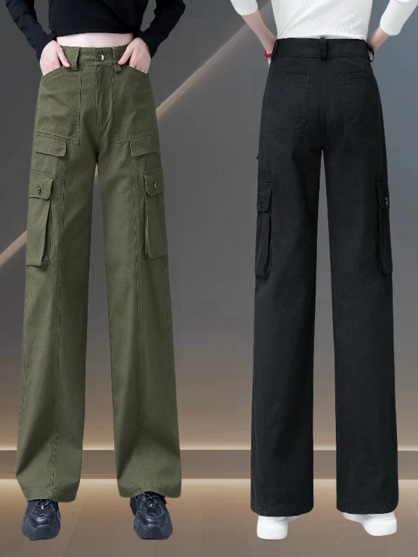 綿製ワイドレッグカーゴパンツ【カジュアル・春秋用・学生向け・スリムフィット】