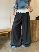 深灰色フリル付きワイドパンツ【夏用・フィット・スリム効果】