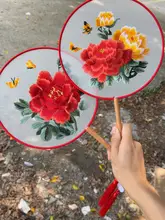 古風デザインの両面刺繍団扇【国風・舞踊用・夏用】