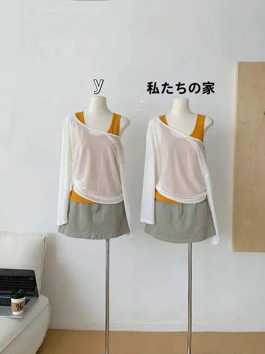 アシンメトリーのコントラストカラータンクトップとUVカットカーディガン【夏用・女性向け・韓国風・快適】（セットアップ対応）