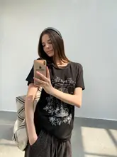 手描きの古典花デザインTシャツ【オーバーサイズ・麻素材・夏用】（セットアップ対応）