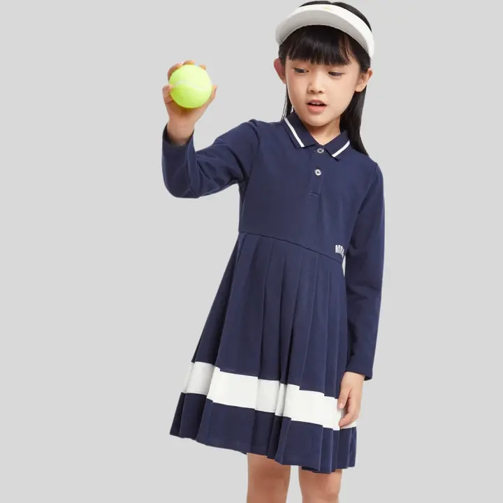 長袖ワンピース キッズ ガールズ ポロ襟 プリーツ 通気性 ストレッチ 動きやすい 秋